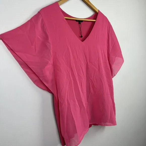 New Portmans Top Blouse Pink Short Sleeve V-Neck Office Casual Size L 14 - Picture 2 of 9